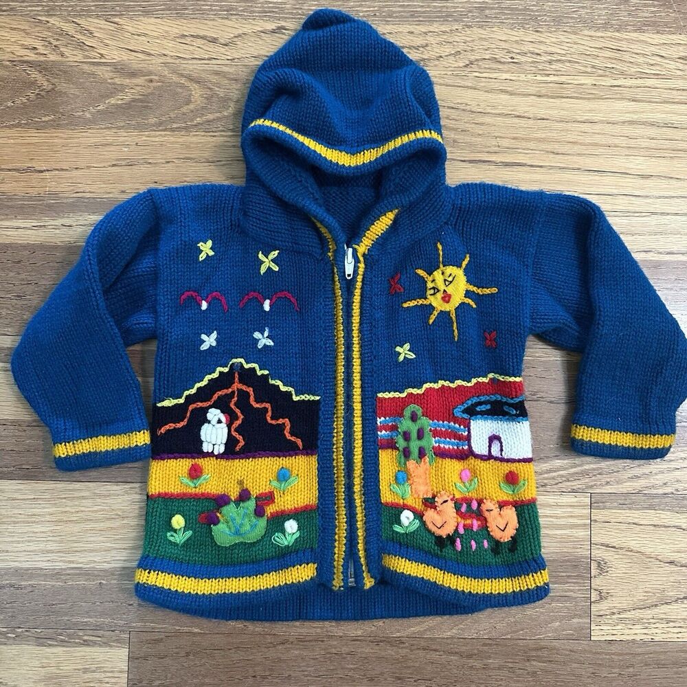 Infant Toddler Handmade Zip- Up Hooded, Art to Wear Jacket, Wool, Embellished‎